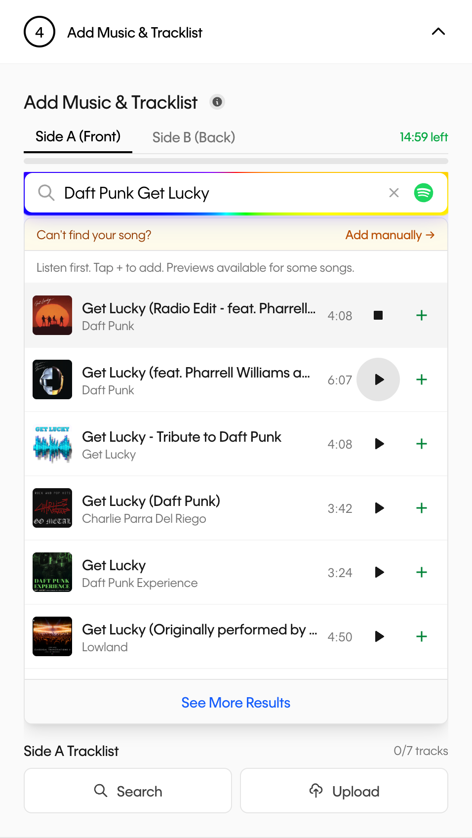 Music search results in the Vinyl Creatives customizer with separate song preview and add controls.